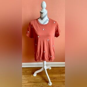 THE GREAT. Terracotta Short Sleeve Tee with Embroidered Flowers